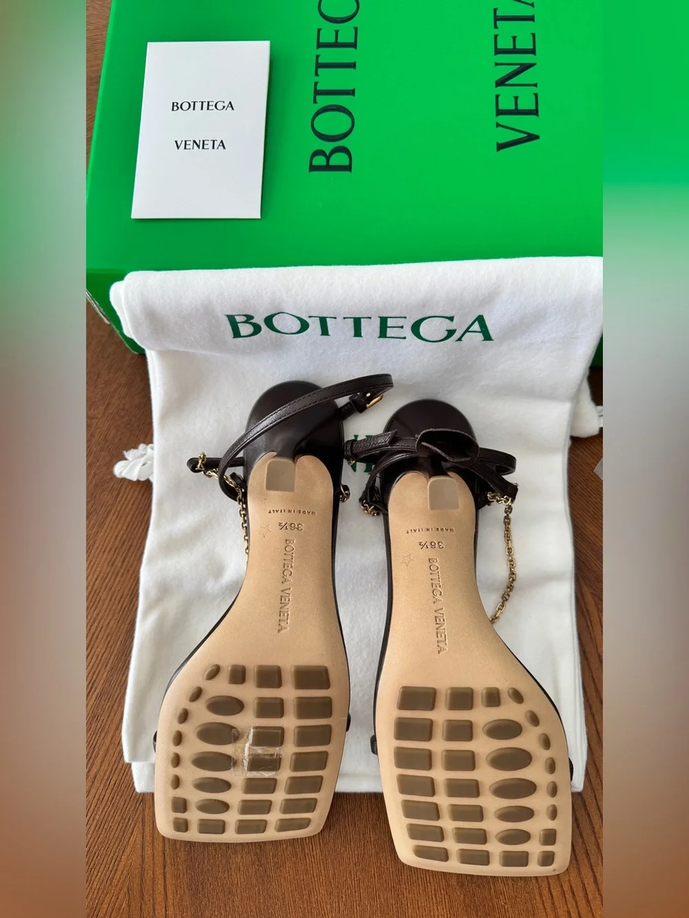 Bottega Veneta Dark Brown Leather Heeled Sandals with Gold Chain